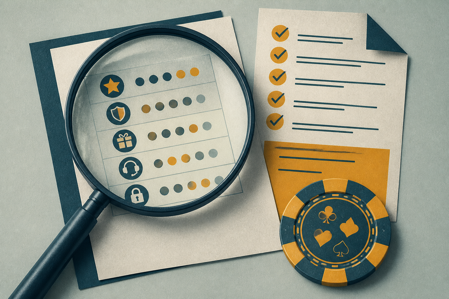 Illustration of a checklist and magnifying glass beside a casino chip