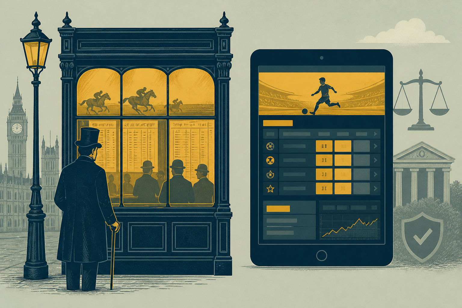 Duotone illustration pairing a historic betting shop front with a modern tablet