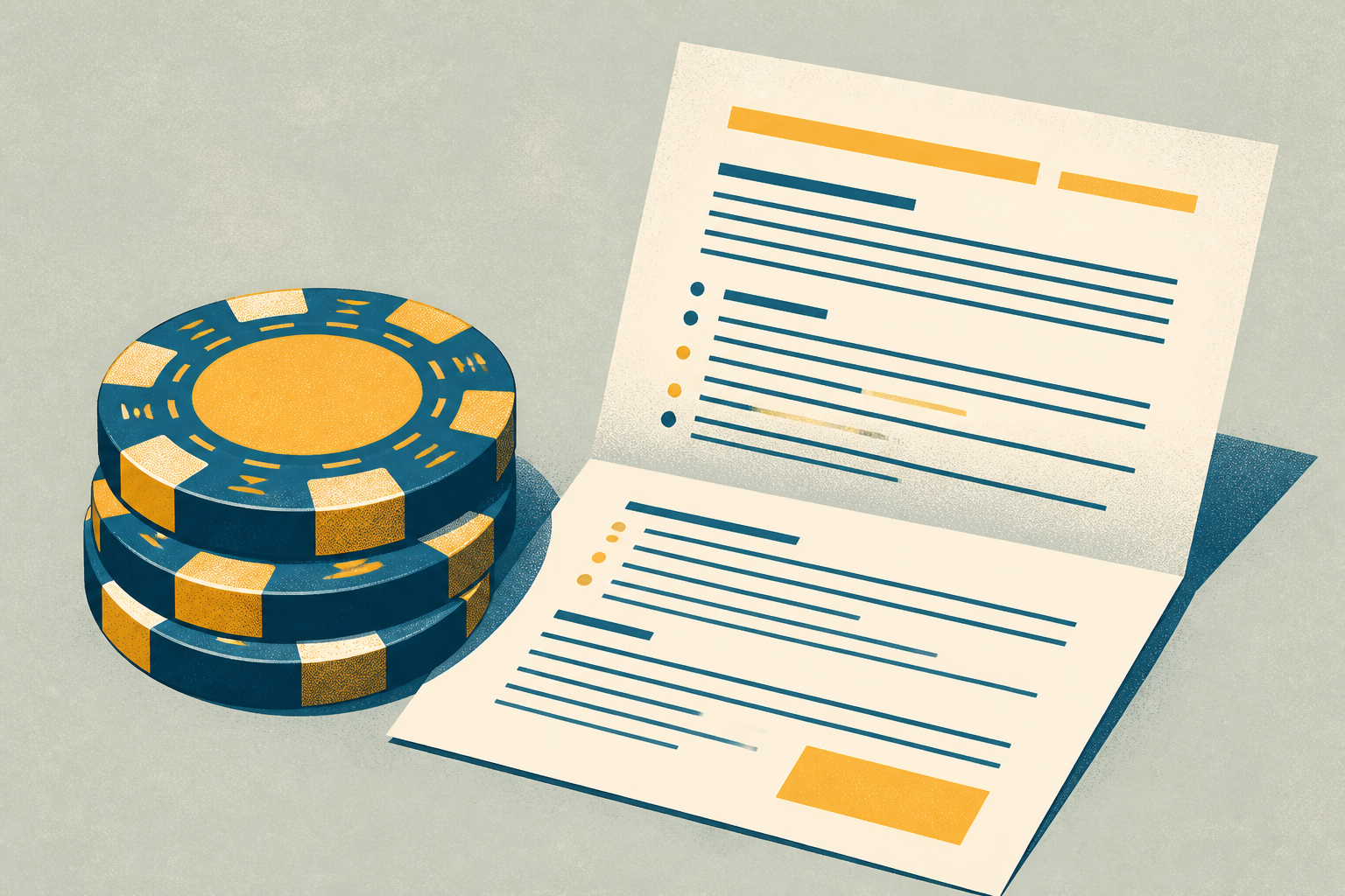 Illustration of casino chips beside a folded terms sheet